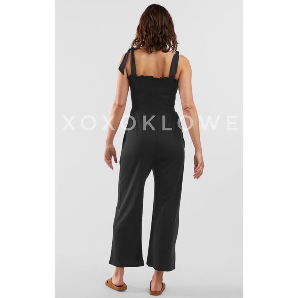 POL Black Relaxed Fit Smocked Jumpsuit Self Tie Shoulder Ribbons - Picture 13 of 16